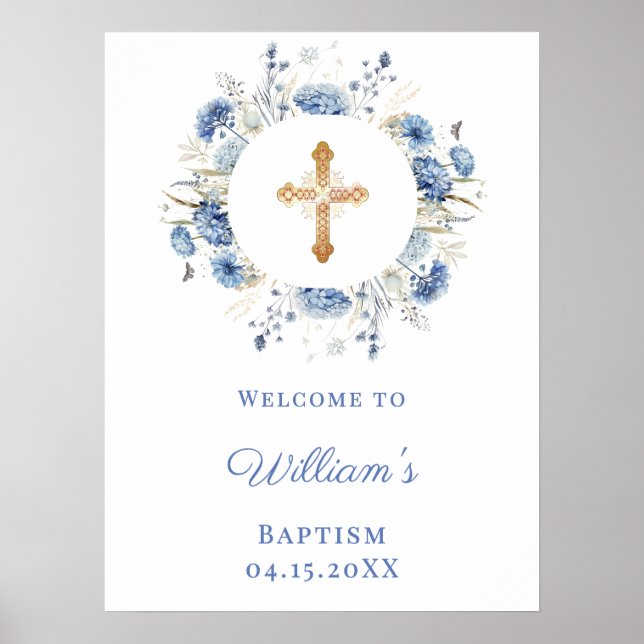 Póster Blue florals wreath boy Baptism welcome (Frente)