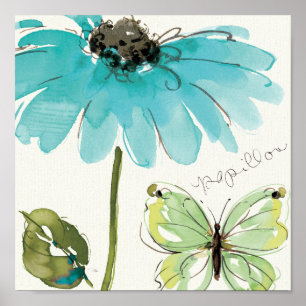 Póster Blue Flower and Butterfly