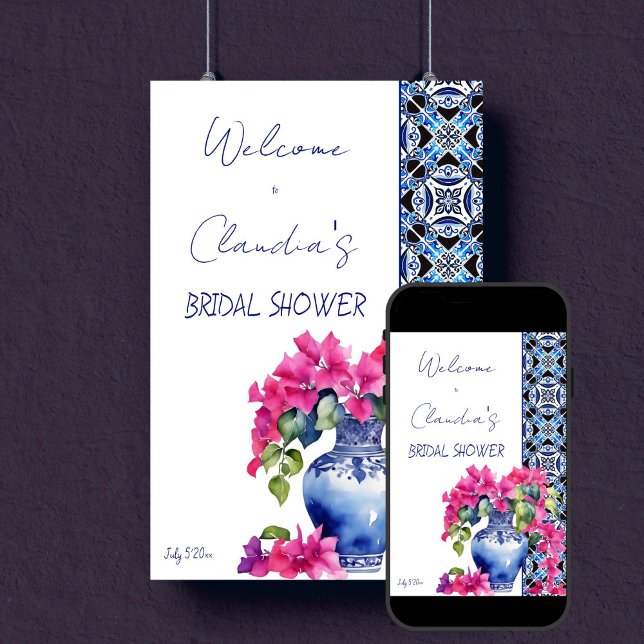 Póster Blue French Tiles Bougainvillea novia ducha (Blue French Maiolica Tiles Bougainvillea Mediterranean bridal shower welcome sign Poster template)