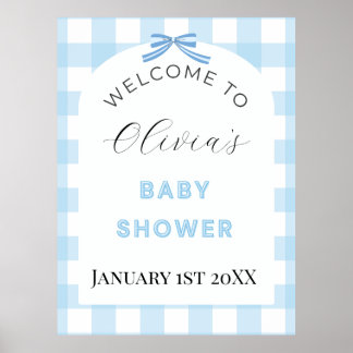 Póster Blue Gingham Baby Shower Welcome Sign Poster 