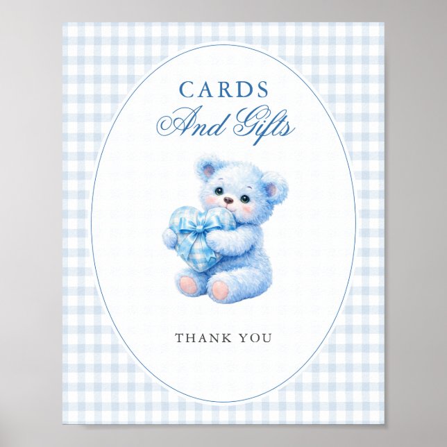 Póster Blue Gingham Bow Heart Teddy Bear Baby Shower (Frente)
