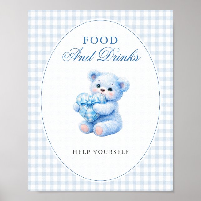 Póster Blue Gingham Bow Heart Teddy Bear Baby Shower (Frente)