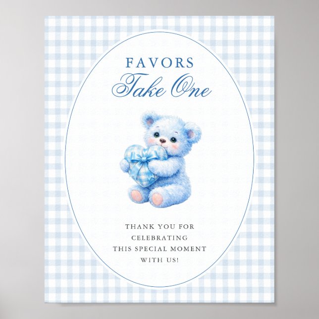 Póster Blue Gingham Bow Heart Teddy Bear Baby Shower (Frente)