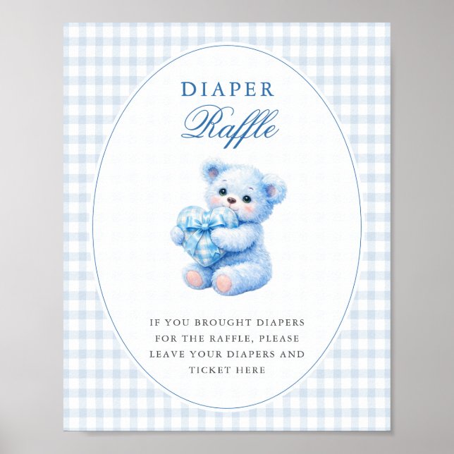Póster Blue Gingham Bow Heart Teddy Bear Baby Shower (Frente)