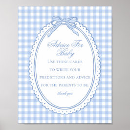 Póster Blue Gingham Coquette Bow Advice for Baby Shower