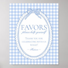 Póster Blue Gingham Coquette Bow Favors Sign