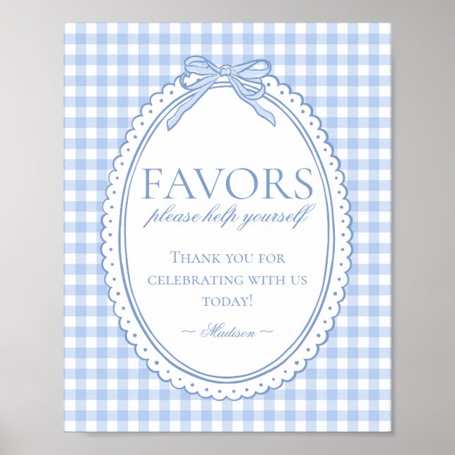 Póster Blue Gingham Coquette Bow Favors Sign (Frente)