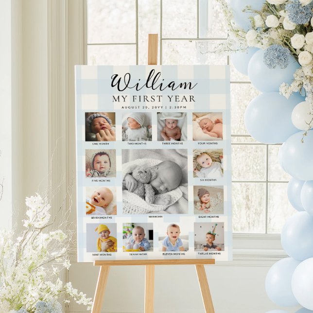 Póster Blue Gingham First Birthday Photo Timeline (Subido por el creador)