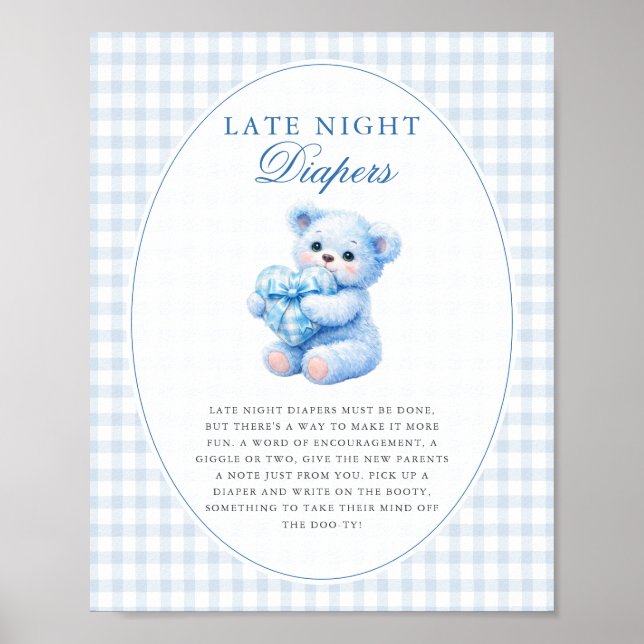 Póster Blue Gingham Teddy Bear Neutral Baby Shower (Frente)