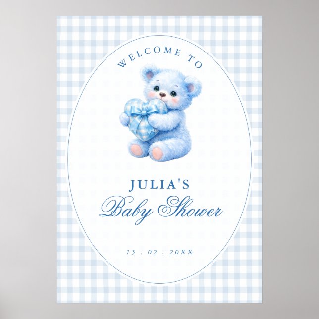 Póster Blue Gingham Teddy Bear Neutral Baby Shower (Frente)