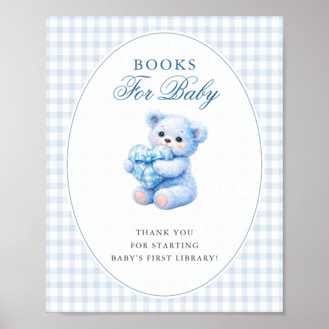PÓSTER BLUE GINGHAM TEDDY BEAR NEUTRAL BABY SHOWER (Frente)