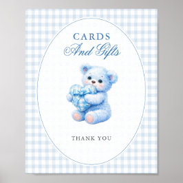 Póster Blue Gingham Teddy Bear Neutral Baby Shower