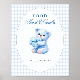 Póster Blue Gingham Teddy Bear Neutral Baby Shower