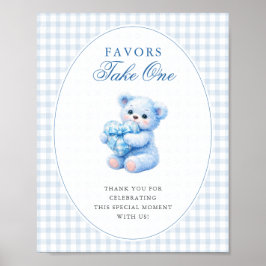 Póster Blue Gingham Teddy Bear Neutral Baby Shower