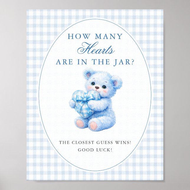PÓSTER BLUE GINGHAM TEDDY BEAR NEUTRAL BABY SHOWER (Frente)