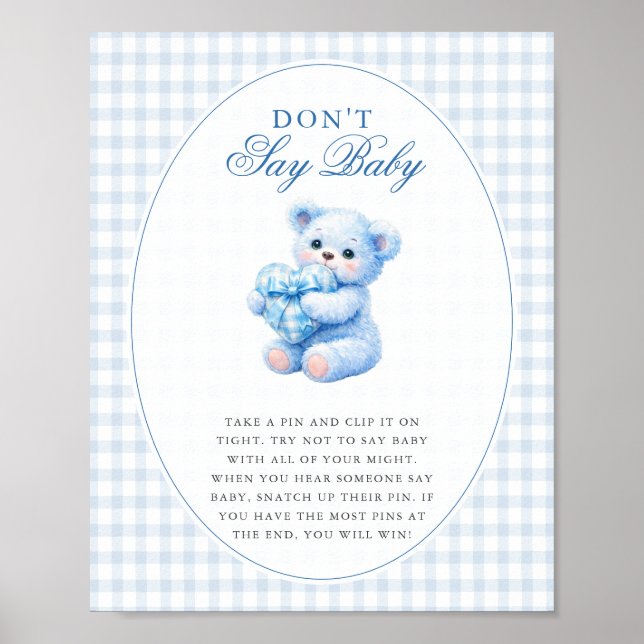 Póster Blue Gingham Teddy Bear Neutral Baby Shower (Frente)