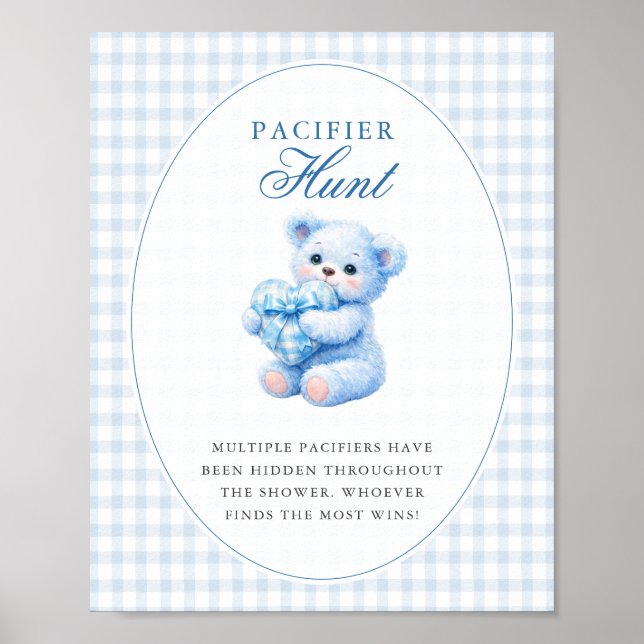 Póster Blue Gingham Teddy Bear Neutral Baby Shower (Frente)