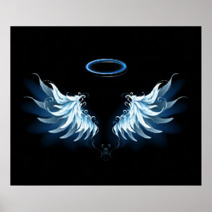 Póster Blue Glowing Angel Wings on black background