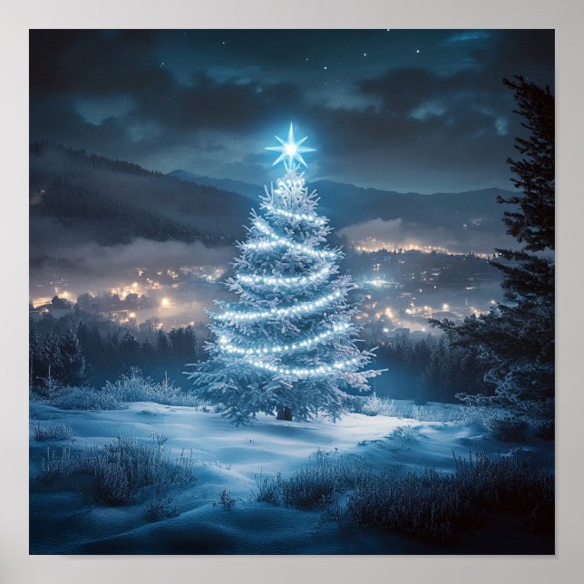 Póster Blue Glowing Winter Night Christmas Tree (Frente)
