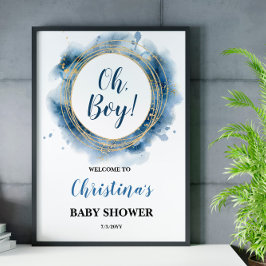 Póster Blue Gold Baby Shower Oh boy Welcome Board