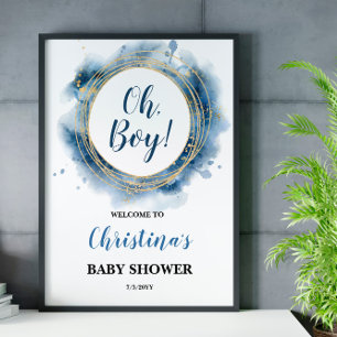 Póster Blue Gold Baby Shower Oh boy Welcome Board