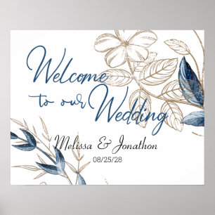 Póster Blue Gold Modern Floral Elegante Wedding