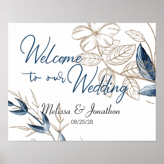 Póster Blue Gold Modern Floral Elegante Wedding (Frente)