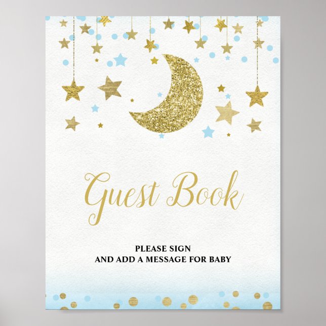 Póster Blue Gold Over The Moon Guest Book Baby Shower  (Frente)