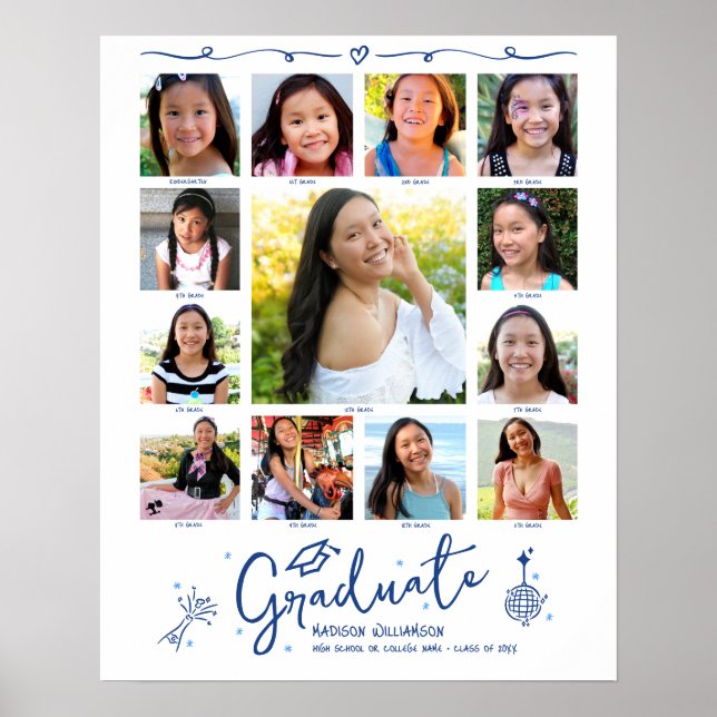 Póster Blue Graduation K–12 Photo Collage Doodles White (Frente)