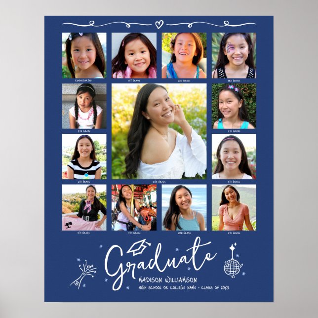 Póster Blue Graduation K–12 Photo Collage White Doodles (Frente)
