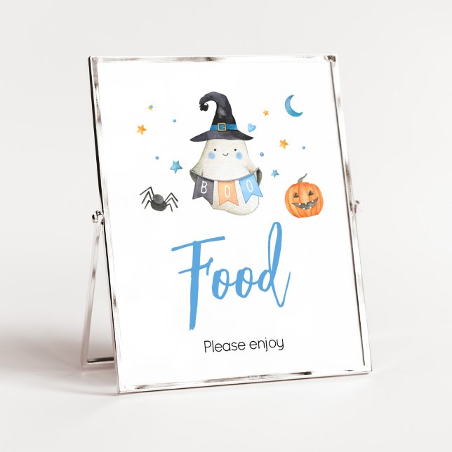 Póster Blue Halloween Fantasma Pequeño Boo Comida Baby Sh (Little Boo Baby Shower Food Sign)
