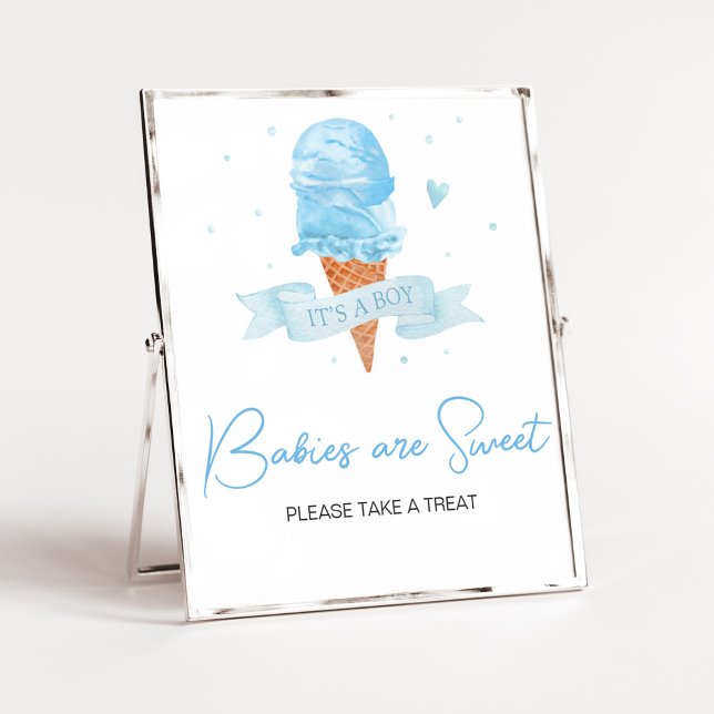 Póster Blue Here s the Scoop Baby Shower Babies are Sweet (Boy Ice Cream Baby Shower Babies are Sweet Sign)