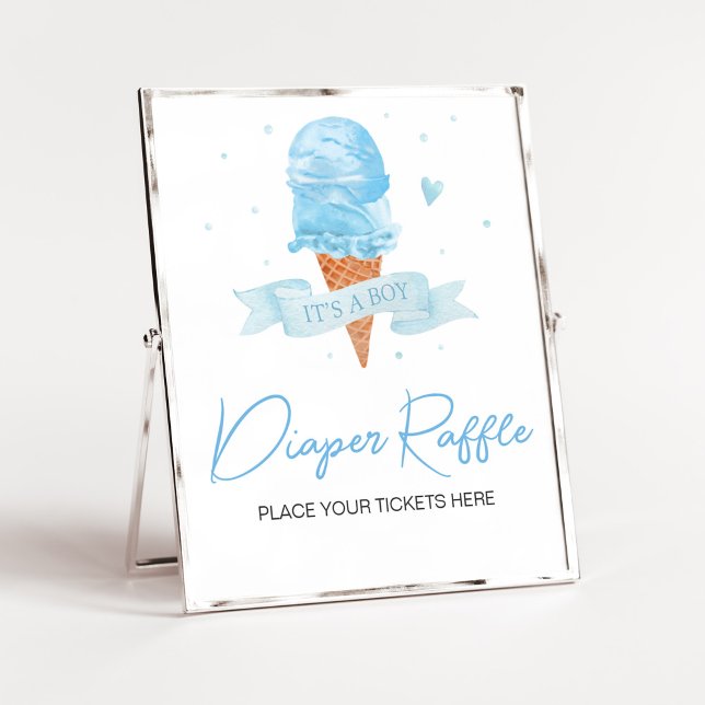 Póster Blue Here s the Scoop Baby Shower Diaper Raffle (Boy Ice Cream Baby Shower Diaper Raffle Sign)