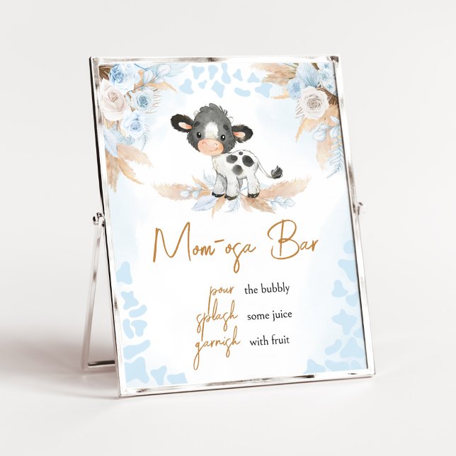 Póster Blue Holy Cow Baby Shower Mom Osa Bar (Boy Highland Cow Baby Shower Mom Osa Bar Sign)