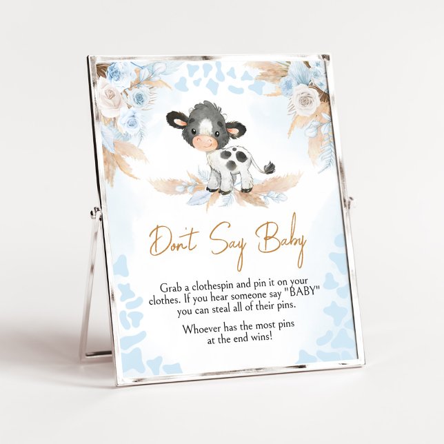 Póster Blue Holy Cow Baby Shower no dice bebé (Boy Highland Cow Baby Shower Don't Say Baby Sign)