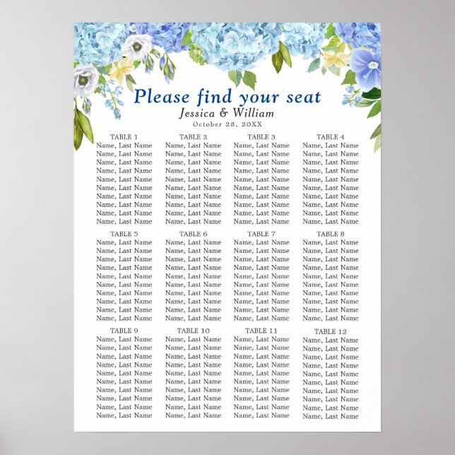 Póster Blue Hydrangea 12 Tablas Boda SESIÓN GRÁFICO (Frente)