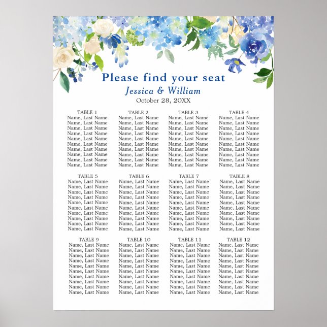 Póster Blue Hydrangea 12 Tablas Boda SESIÓN GRÁFICO (Frente)