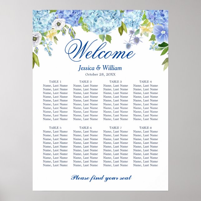 Póster Blue Hydrangea  8 Tables Wedding SEATING CHART (Frente)