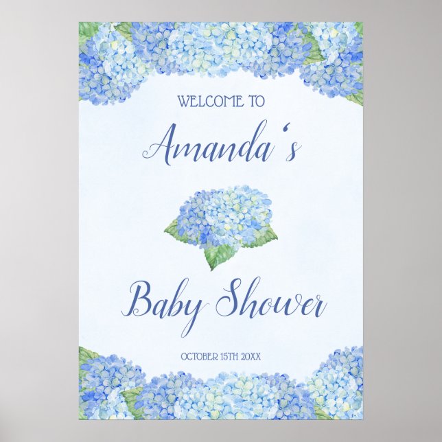 Póster Blue Hydrangea Baby Shower Personalizado (Frente)