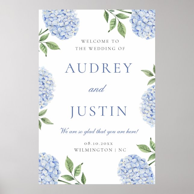 Póster Blue Hydrangea Classic Border, XL Wedding Welcome (Frente)