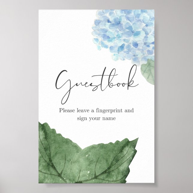 Póster Blue Hydrangea Fingerprint Guest Book Rótulo (Frente)