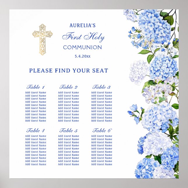 Póster Blue Hydrangea First Communion Seating Chart (Frente)