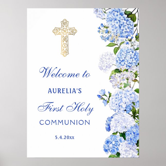 Póster Blue Hydrangea First Communion Welcome (Frente)