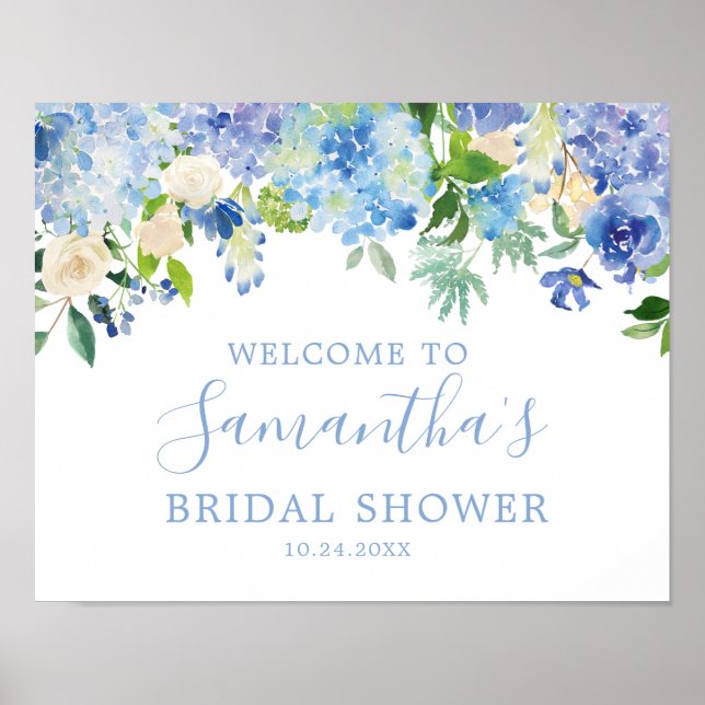 Póster Blue Hydrangea Floral Bridal Shower Poster de bien (Frente)