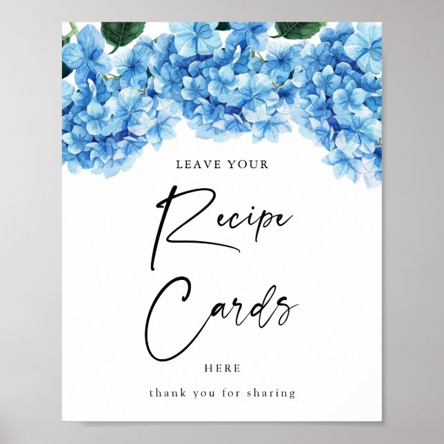 Póster Blue Hydrangea Floral Bridal Shower Receta de Rece (Frente)