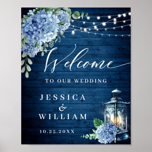 Póster Blue Hydrangea Floral Lantern Wood Welcome Boda (Frente)