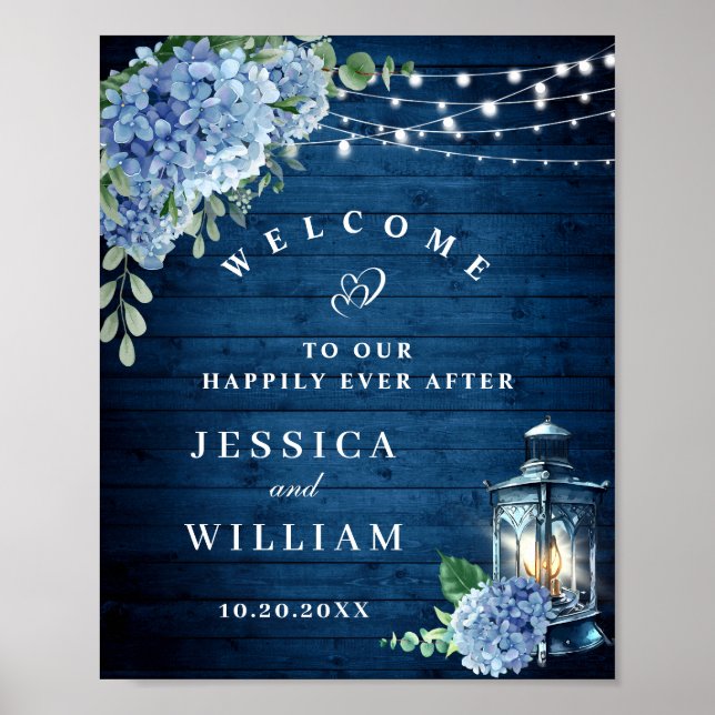 Póster Blue Hydrangea Floral Lantern Wood Welcome Boda (Frente)