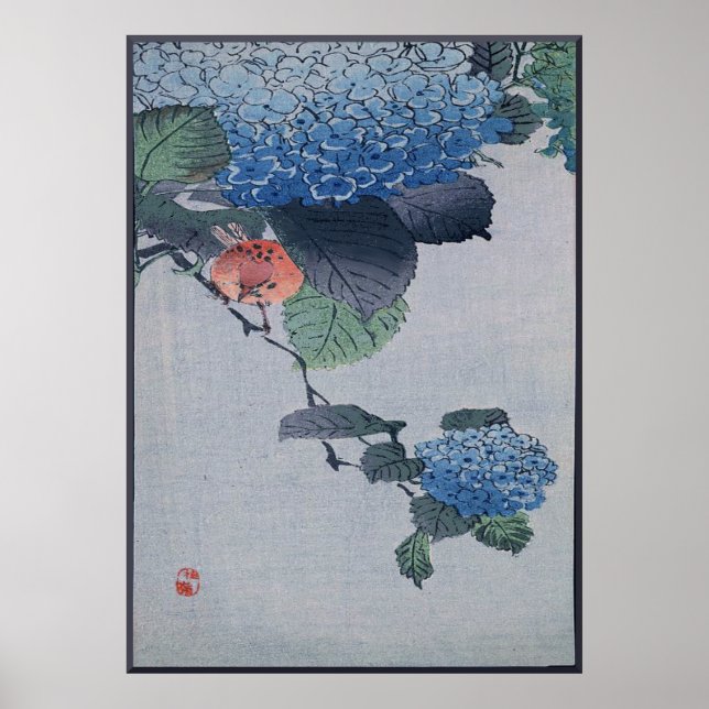 Póster Blue Hydrangea Japanese Woodcut con pájaro (Frente)