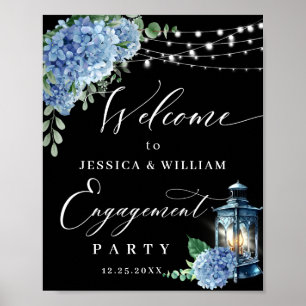 Póster Blue Hydrangea Lantern Black Boho ENGAGEMENT PARTY