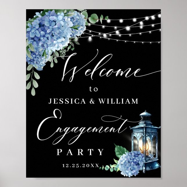 Póster Blue Hydrangea Lantern Black Boho ENGAGEMENT PARTY (Frente)